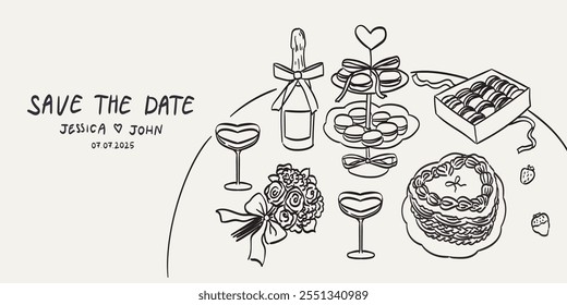 Salve a data no estilo de esboço La dolce vita. Ilustrações de comida desenhadas à mão na mesa. Ícones românticos do jantar. Desenhos de vinho ou champanhe, sobremesa, bolo em forma de coração para convites de casamento e festas.