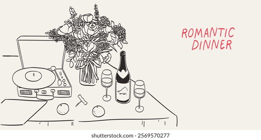 Save the date in La dolce vita sketch style. Hand drawn illustrations. Italian romantic dinner poster, banner or placard. Wine and music drawing for wedding invitations, cafe menus and parties.