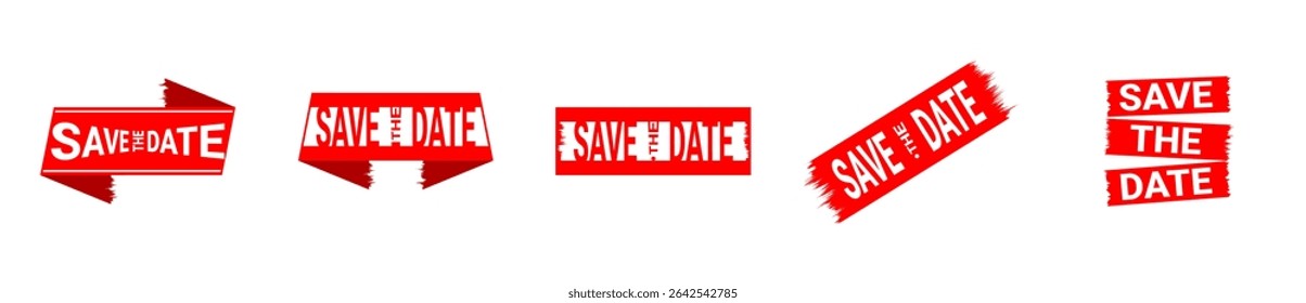Save the Date Labels. Bold Red Stickers for Invitations, Events, and Announcements. Vector Illustration Save The Date Red Label.