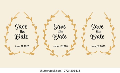 Save the Date Leaves Border Wedding Invitation Card Set. Vector Illustration