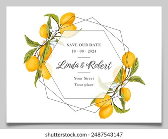 Guardar la fecha Plantilla de invitación de limón. Tarjeta de anuncio de boda de jardín de verano. Mediterráneo, Amalfi, italiano, invitación de estilo siciliano. Elegante Plantilla moderna imprimible. Ilustración vectorial.