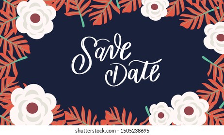 save the date lettering with border flower floral background vector