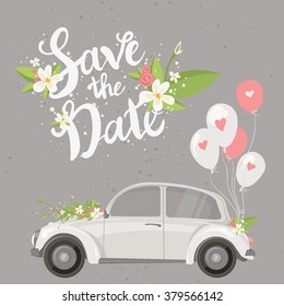 Save the date lettering card with retro car and balloons. Vector illustration