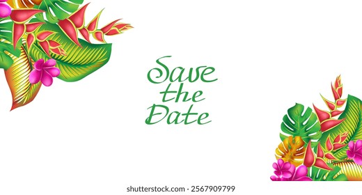 Save the date lettering copy space banner. Palm leaf, monstera, pink plumeria flower,hibiscus blossom, exotic tropical summer flowers and leaves.