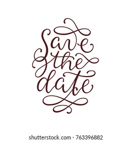 Save the Date lettering with flourishes. Hand drawn illustration for an invitation for a party / wedding / birthday. Calligraphic text in oval shape. Vintage style vector illustration. Ornate type