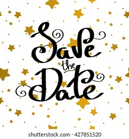 "Save the Date" lettering. Gold background.