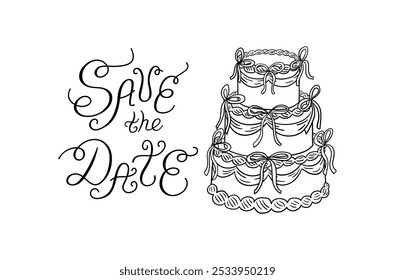 Salve a data citação e bolo de casamento com fitas. Ilustração de contorno de vetor em estilo retro de esboço. Clipart para cartões comemorativos e convites