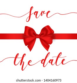 Save the date lettering with red ribbon bow on white background. Template for Wedding invitation card design in vector illustration