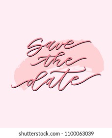 Save the date lettering vector card with brush stroke. Vector hand drawn lettering Save the date isolated on pink background. 