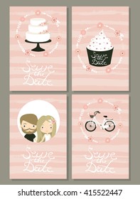 Save the date.  Lettering. Vector cards. Wedding invitations. Love. Cute couple in love.
