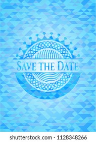 Save the Date light blue emblem with mosaic background