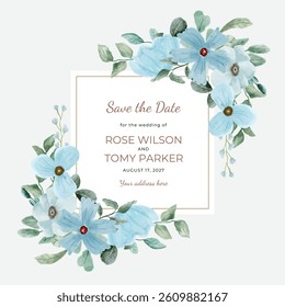 save the date light blue floral watercolor frame
