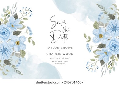 save the date with light soft blue watercolor floral frame