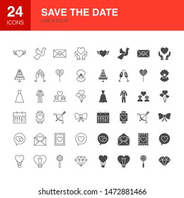 Save the Date Line Web Glyph Icons. Vector Illustration of Wedding Outline and Solid Symbols. 