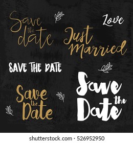 Save The Date Logos. Wedding Invitation With Hand Drawn Lettering Isolated. Vintage Typographic Design Elements.