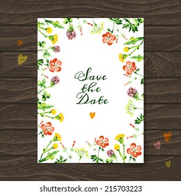 Save the date love card with watercolor floral bouquet. Wedding and Valentines Day vector illustration