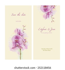 Save the date. Love card with watercolor orchid on yellow background.