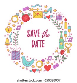 Save the date love romance wedding doodle symbols round colorful decorative border frame 