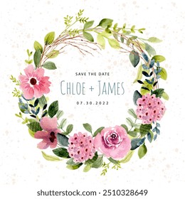 save the date with lush pink flower garden watercolor wreath