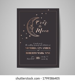 Save the Date Luxury Card, Wedding Celestial Invitation with Moon and Starry sky with Gold Foil Frame. Vintage vector trendy cover, graphic poster, retro brochure, design template