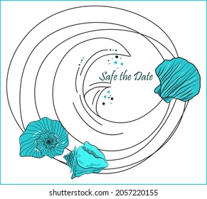 "Save the Date" a marine-themed postcard template with a abstract wave shaped frame decorated by seashells