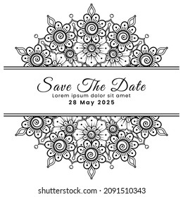 Save the date with mehndi flower. decoration in ethnic oriental, doodle ornament.
