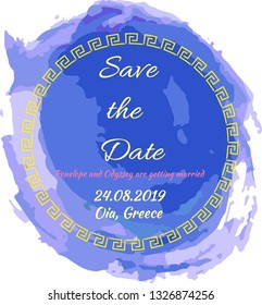 Save the date minimalist modern invitation card with water color splash with Greek design