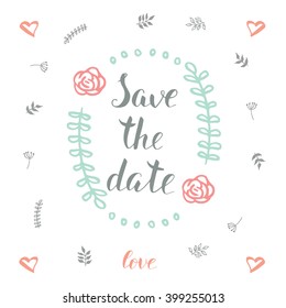Save the Date. Modern brush calligraphy. Handwritten ink lettering. Hand drawn design floral elements.