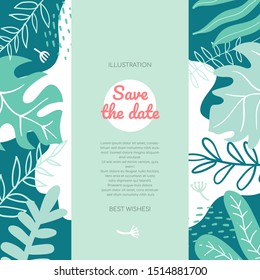 Save the date - modern flat style abstract banner. Beautiful wedding invitation cover floral design. Romantic greeting card, best wishes postcard concept. Plant foliage illustration with text space