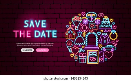 Save the Date Neon Banner Design. Vector Illustration of Love Promotion.