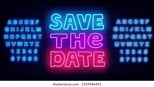 Save the date neon emblem. Wedding celebration. Romantic greeting card. Shiny banner. Colorful handwritten text. Glowing pink and blue alphabet. Editable stroke. Vector stock illustration