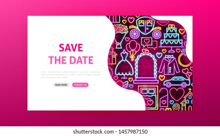 Save the Date Neon Landing Page. Vector Illustration of Love Promotion.