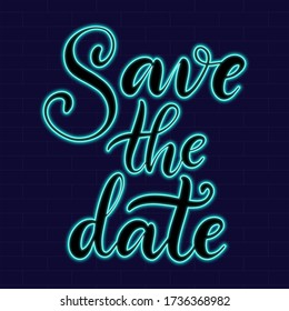 Guarde el signo de fecha Neon con letras en la ilustración vectorial de fondo oscuro. Plantilla de diseño de logotipo. Banner ligero, carteles de neón brillante para publicidad. Tarjeta de invitación para fiesta, boda.