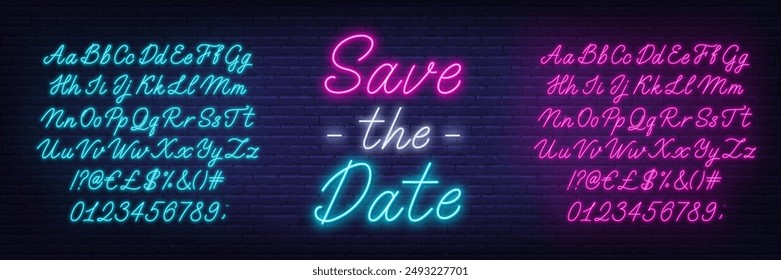 Save The Date Neon Sign on brick wall background. Template for text with pink and blue Neon alphabet.