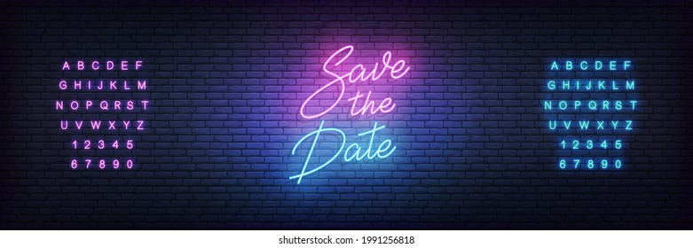 Save the Date neon template. Glowing neon lettering Wedding romantic theme sign