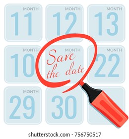 Save the date note made by marker on calendar vector