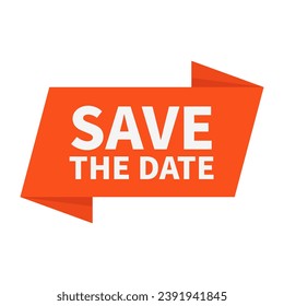 Save The Date In Orange Rectangle Parallelogram Ribbon Shape For Information Announcement
