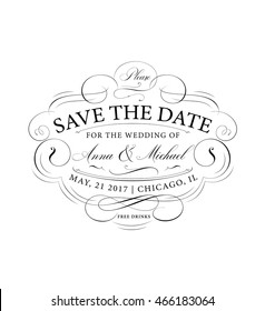 Save the date ornate calligraphic card design.