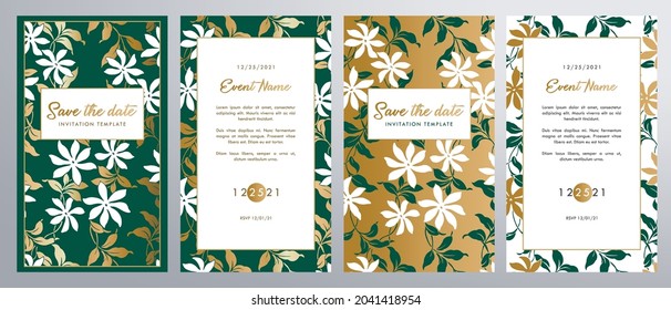 Save the Date Ornate gold brochure flyer template for fancy invitations weddings menus stationary advertisement with Tiare Floral Hawaiian design