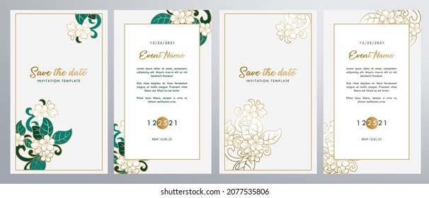 Save the Date Ornate gold Plumeria flower brochure flyer template for fancy invitations weddings menus stationary advertisement