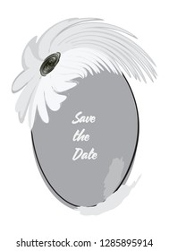 Save the Date Oval Flower Frame Original Vector Design. Cute Floral Border for Invitation, Greetings Cards in White and Gray Colors