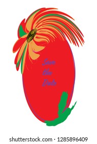 Save the Date Oval Flower Frame Original Vector Design. Cute Floral Border for Invitation, Greetings Cards in Red, Green, Orange Tropical Colors