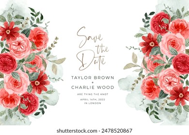save the date with peach red floral watercolor background