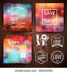 Save the date for personal holiday cards. Wedding invitation set of typography design labels on a wooden background. Vector image. 