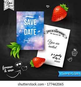 Save the date for personal holiday. Wedding invitation on chalkboard. Vector image. 