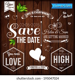 Save the date for personal holiday. Wedding set on wooden background. Vector image. 