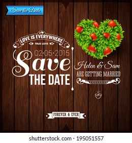 Save the date for personal holiday. Wedding invitation on wooden background. Vector image. 