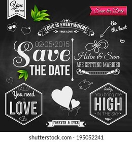 Save the date for personal holiday. Wedding invitation on chalkboard. Vector image. 