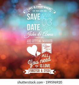 Save the date for personal holiday. Wedding invitation, blurred background. Vector image. 