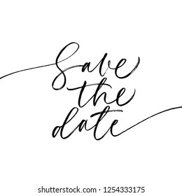 Save the date phrase. Hand drawn wedding calligraphy. Modern brush calligraphy. Ink illustration. Isolated on white background. Wedding template, card, poster, banner.